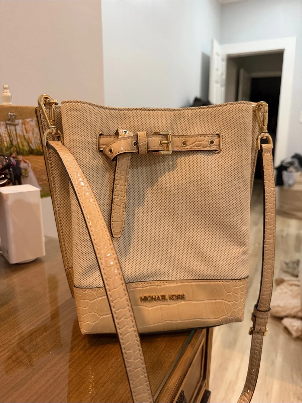 Michael Kors Tan Crossbody Bucket Bag with Croc-Trim